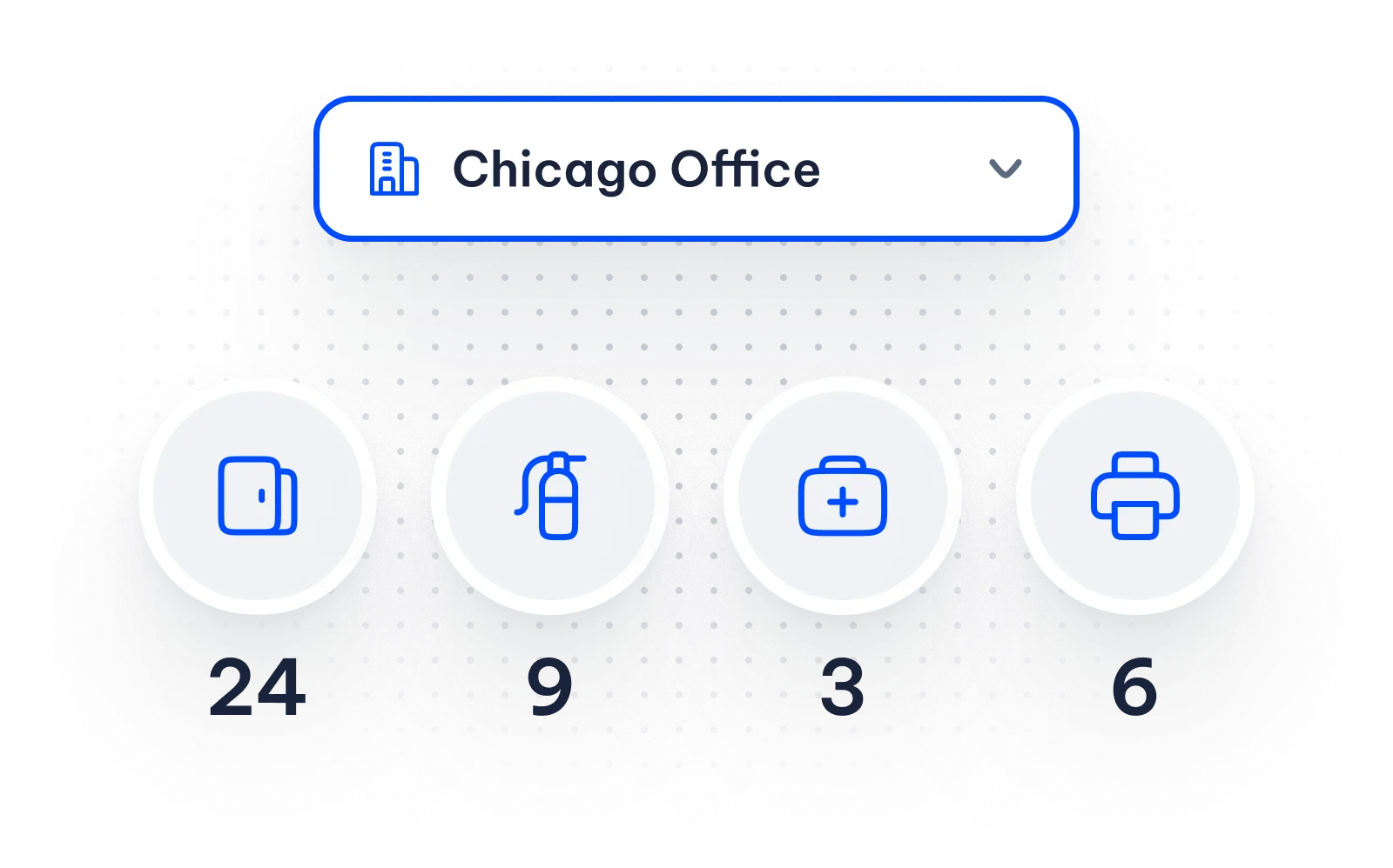 Chicago Office selected above counts of 24 rooms, 9 fire extinguishers, 3 first aid kits and 6 printers.