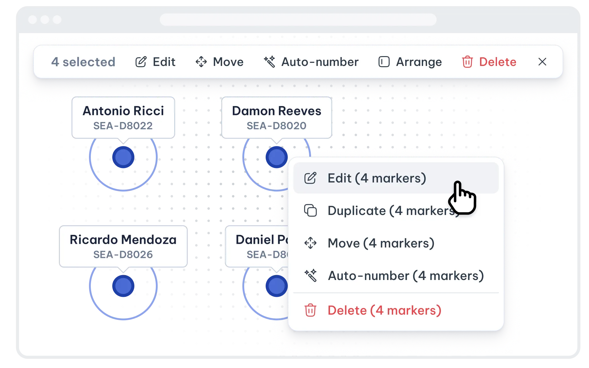 Four staff markers are selected on a floor plan, with the pointer on Edit in a menu of bulk actions.