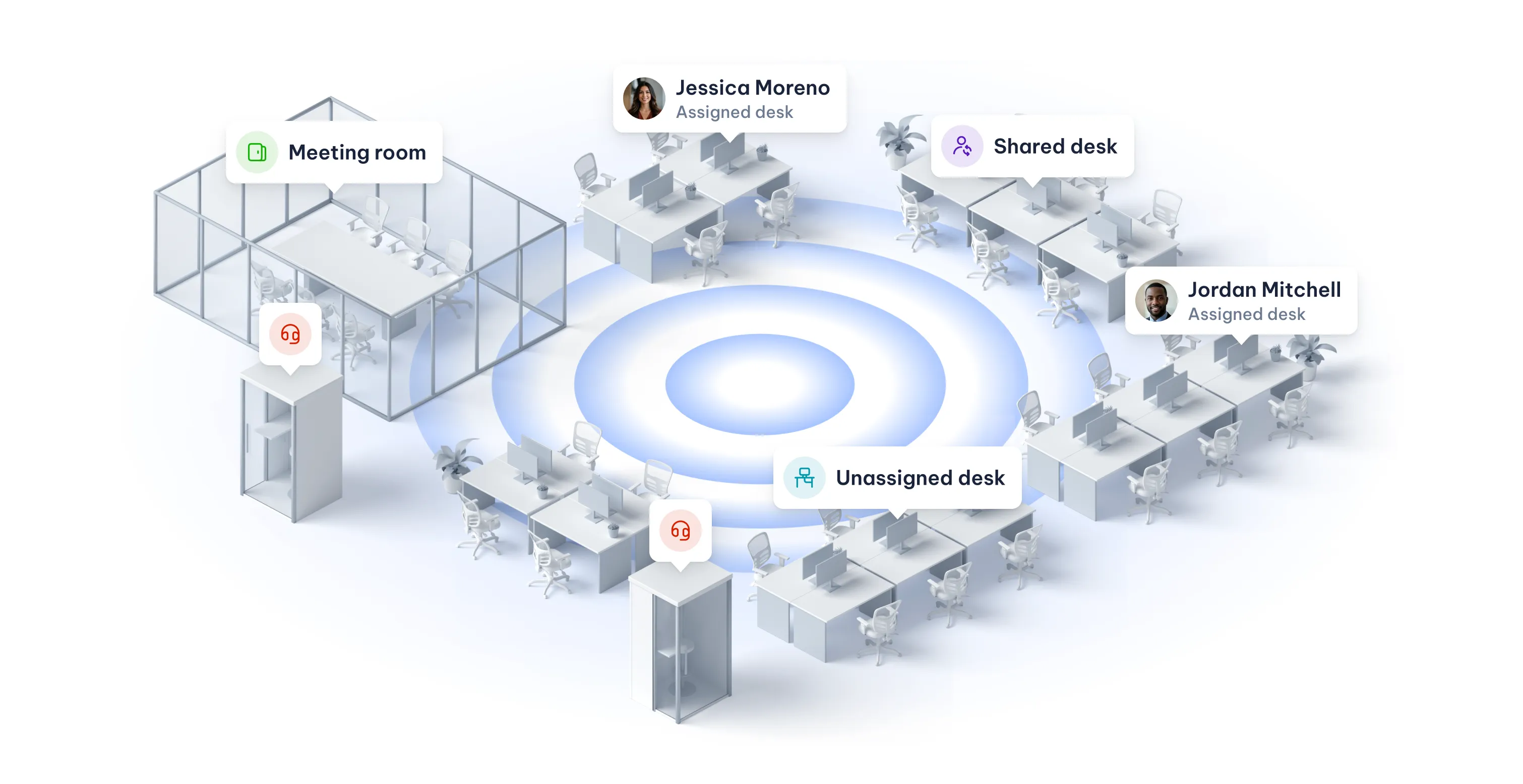 An office floor plan shows assigned desks for Jessica Moreno and Jordan Mitchell, a shared desk, an unassigned desk, a meeting room and phone booths.