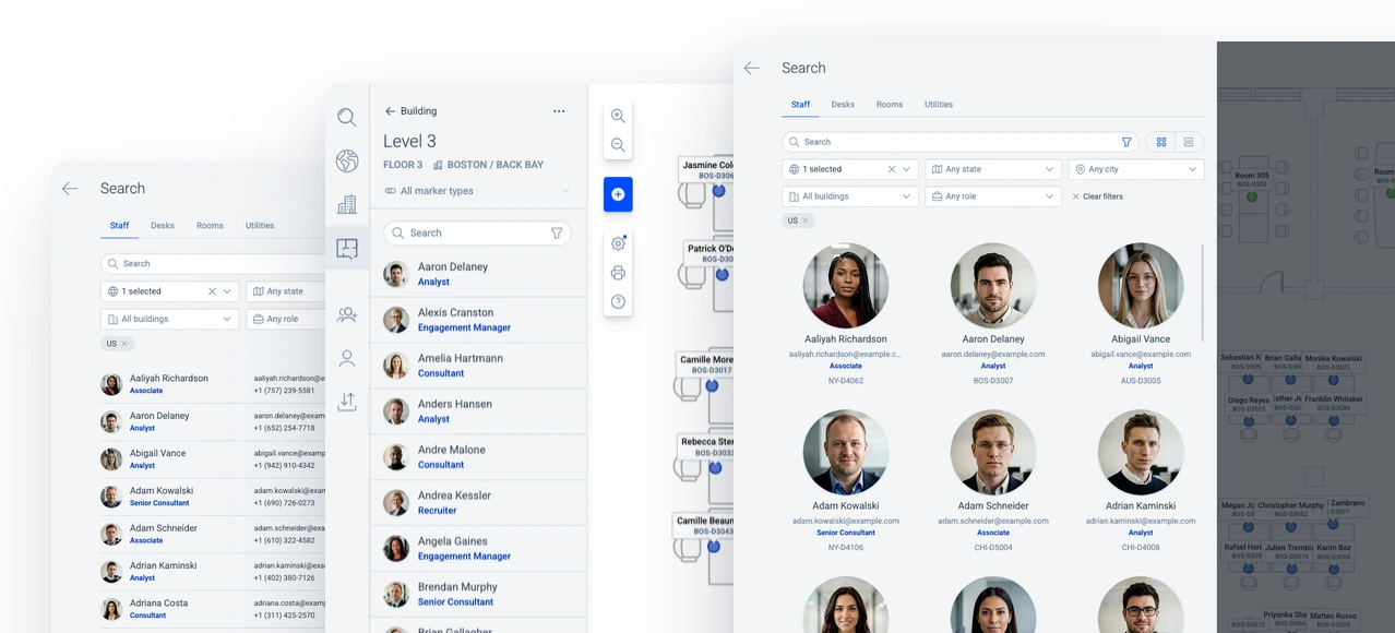Deskradar's staff search in two views: a list of colleagues with their roles, e-mails and phone numbers, and tiles with each colleague's photo, name, role and desk number. Beside them, a floor's list of colleagues next to the floor plan, where names and desk numbers label the desks.