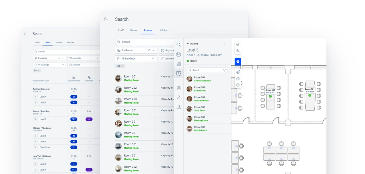 Deskradar's US-filtered searches show assigned, hot and spare desk counts, room types and capacities, and resources with names, types, buildings, floors and location IDs. In front, the Boston / Back Bay Level 3 floor plan shows a room list and green room markers with name and number labels.