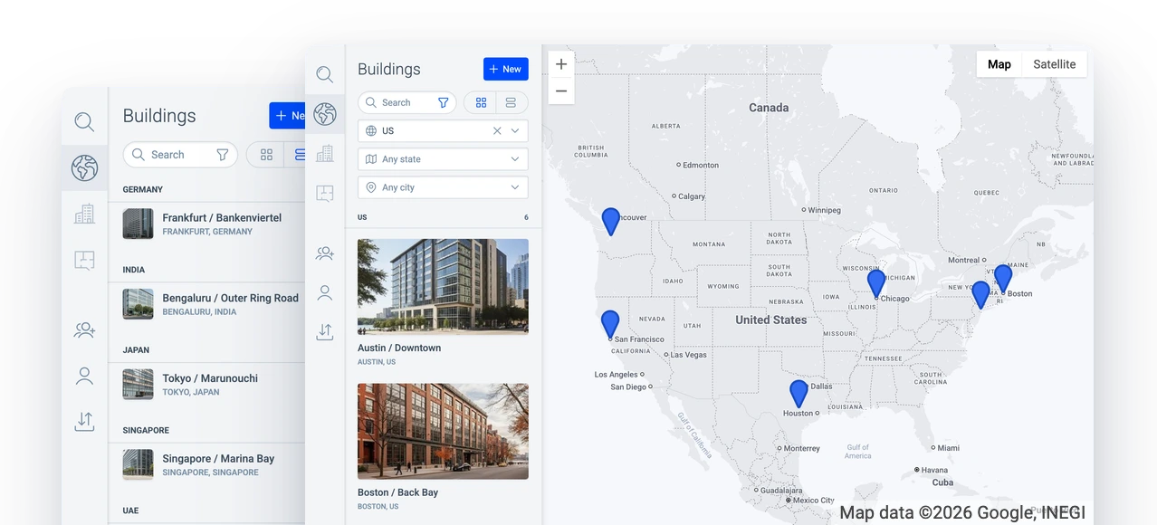 Deskradar’s building search on the left shows a list grouped by country beside a world map with pins. The cards view on the right shows US buildings with photos and pins on a map of North America.