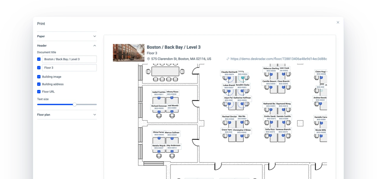 Three printed sheets of the same floor. One shows the whole floor plan, one carries a header with the floor title, the building address and photo above the plan, and one highlights a group of selected desks with their names and desk numbers.