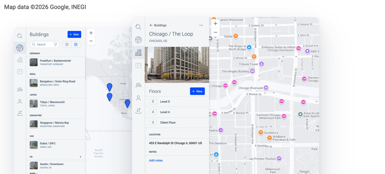 Deskradar's Buildings list, filtered to US, sits behind Chicago / The Loop building details, showing its photo, address and floors. In front, Level 5 shows colleagues with photos and roles, a floor plan with desk, room and resource markers, and the floor switcher.